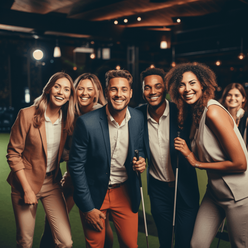 Group of people smiling and holding mini-golf clubs indoors with green turf and dim lighting.