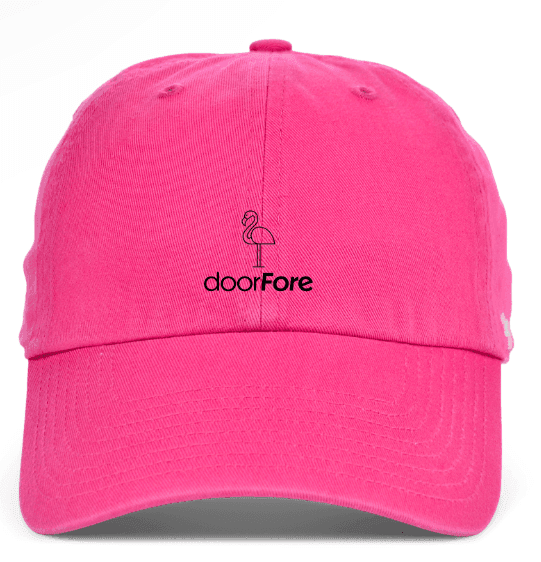 Bright pink baseball cap with flamingo and text doorFore on the front.