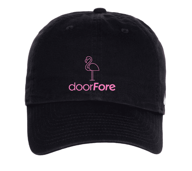 Black baseball cap with a pink flamingo and 'doorFore' logo on the front.