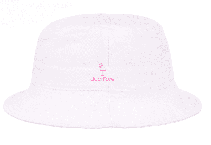 White bucket hat with pink flamingo logo and text 'doorFore' on the front.